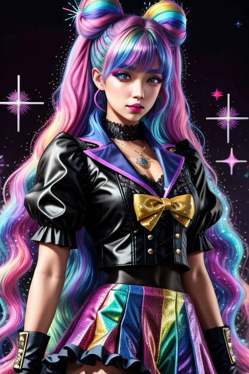 (SailorMoonGoth:1.2), (pastelgoth rainbow latex theme:1.3), professional detailed (full body:1.2) photo of (Sailor Moon) wearing (intricate pastelgoth latex rainbow sailor senshi fuku, multilayered skirt:1.2), (shiny glossy translucent clothing, gleaming oily fabric :1.1), (perfect face, beautiful face, symmetric face, blue perfecteyes eyes), pastelgoth rainbow (lipstick, eyeshadow, mascara, goth makeup:1.1), (frills, lace, bows:1.2), (pastelgoth rainbow stockings:1.1), (double meatballs style rainbow hair:1.2), (sparkles, sparkling hair, sparkling clothes, sparkles near eyes:1.5),
ultra wide angle shot, cinematic style, 8k, RAW photo, photo-realistic, masterpiece, best quality, absurdres, incredibly absurdres, huge filesize, extremely detailed, High quality texture, Cinematic Lighting, physically-based rendering, Ray tracing,