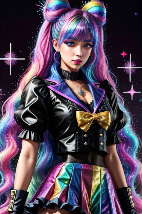 (SailorMoonGoth:1.2), (pastelgoth rainbow latex theme:1.3), professional detailed (full body:1.2) photo of (Sailor Moon) wearing...