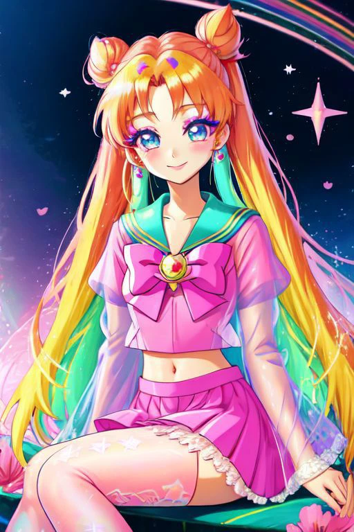 (Earth-品質ポジション, 最高_品質ポジション,  セルシェード), (セーラームーンゴス), (かわいいギャル, ロリータファッション:1.4), (虹 theme:1.3), (座っている, 笑顔) イラスト (gyaru Sailor Moon) 着用 (gyaru latex 虹 short tied shirt, マイクロミニスカート, 透明ワイドスリーブ, へそ:1.2), (光沢のある光沢のある半透明の服, 光沢のある油っぽい布 :1.1), (完璧な顔, かわいい顔, 対称的な顔, 青いパーフェクトアイズアイ), 虹 (口紅, かわいいメイク:1.4), (フリル, レース, 弓:1.2), (虹 tight high socks, かわいいブーツ, 笑顔, 座っている in 虹 sofa:1.4), (double meatballs style 虹 hair:1.2), (輝く, 輝く髪, キラキラ光る服, 輝く near eyes),