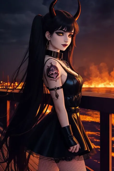 (SailorMoonGoth:1), (HellGirl, HellscapeV1:1.2), (succubus, succubus horns, succubus wings, glowing succubus tattoo, metal collar, facing viewer:1.4), (death metal goth, dark, death metal concert, death metal hair, death metal clothes, fishnets, tattoo, piercings, chain accessories, navel piercing, death metal makeup, tramp tattoo, public tattoo, evil smile, fire background, hellish background, :D, perfect teeth:1.3), (shiny glossy translucent clothing, gleaming oily latex fabric:1.1),
ultra wide angle shot, cinematic style, 8k, RAW photo, photo-realistic, masterpiece, best quality, absurdres, incredibly absurdres, huge filesize, extremely detailed, High quality texture, Cinematic Lighting, physically-based rendering, Ray tracing,
photorealistic, octane render, best quality, looking at viewer, looking down, sharp focus, (8k), (4k), (Masterpiece), (Best Quality), (realistic skin texture), extremely detailed, intricate, hyper detailed, illustration, soft lighting, high resolution, sharp detail,