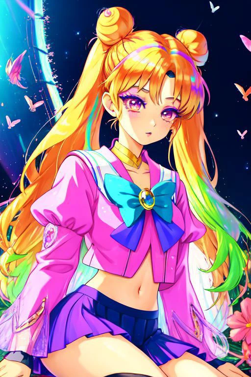 (Earth-QualitéPos, meilleur_QualitéPos,  CelShade), (MarinLuneGoth), (correction mignonne, lolitamode:1.4), (Arc-en-ciel theme:1.3), (Séance) illustration de (Gyaru Sailor Moon) Résistant (gyaru latex Arc-en-ciel short tied shirt, micro-jupe, manches larges transparentes, nombril:1.2), (vêtements translucides brillants, tissu huileux brillant :1.1), (visage parfait, visage mignon, visage symétrique, yeux bleus parfaits), Arc-en-ciel (rouge à lèvres, joli maquillage:1.4), (fioritures, dentelle, arcs:1.2), (Arc-en-ciel tight high socks, Jolies bottes, souriant, Séance in Arc-en-ciel sofa:1.4), (double meatballs style Arc-en-ciel hair:1.2), (scintille, Cheveux étincelants, vêtements scintillants, scintille near eyes),