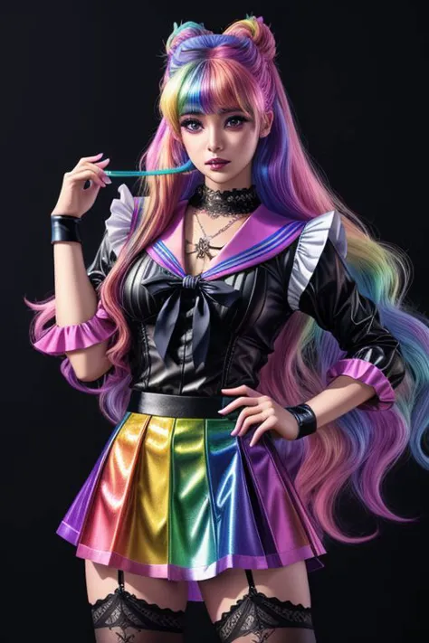 (SailorMoonGoth:1), (pastelgoth rainbow latex theme:1.3), professional detailed (full body:1.2) photo of (Sailor Moon) wearing (...