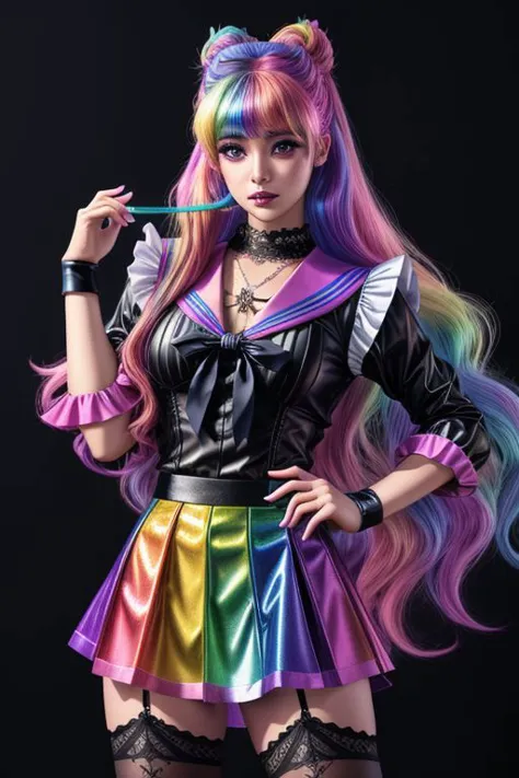 (SailorMoonGoth:1), (pastelgoth rainbow latex theme:1.3), professional detailed (full body:1.2) photo of (Sailor Moon) wearing (intricate pastelgoth latex rainbow sailor senshi fuku, multilayered skirt:1.2), (shiny glossy translucent clothing, gleaming oily fabric :1.1), (perfect face, beautiful face, symmetric face, blue perfecteyes eyes), pastelgoth rainbow (lipstick, eyeshadow, mascara, goth makeup:1.1), (frills, lace, bows:1.2), (pastelgoth rainbow stockings:1.1), (double meatballs style rainbow hair:1.2),
ultra wide angle shot, cinematic style, 8k, RAW photo, photo-realistic, masterpiece, best quality, absurdres, incredibly absurdres, huge filesize, extremely detailed, High quality texture, Cinematic Lighting, physically-based rendering, Ray tracing,