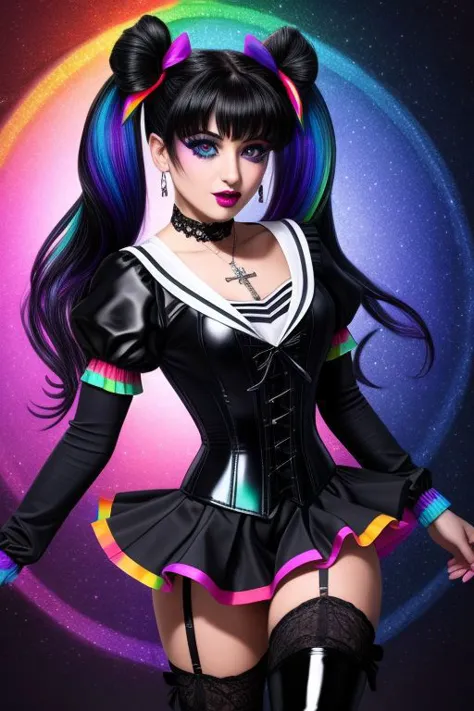 (SailorMoonGoth:1.2), (pastelgoth rainbow latex theme:1.3), professional detailed (full length:1.5) photo of (Sailor Moon) wearing (intricate pastelgoth latex rainbow corset, short multilayered miniskirt, navel window:1.2), (shiny glossy translucent clothing, gleaming oily fabric :1.1), (perfect face, beautiful face, symmetric face, blue perfecteyes eyes), pastelgoth rainbow (lipstick, eyeshadow, mascara, goth makeup:1.1), (frills, lace, bows:1.2), (pastelgoth rainbow tight high socks, gothic boots:1.5), (double meatballs style rainbow hair:1.2), (sparkles, sparkling hair, sparkling clothes, sparkles near eyes:1.3),
8k, RAW photo, photo-realistic, masterpiece, best quality, absurdres, incredibly absurdres, huge filesize, extremely detailed, High quality texture,physically-based rendering, Ray tracing,