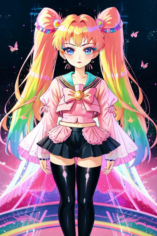 (Earth-QualityPos, Best_QualityPos,  CelShade), (SailorMoonGoth), (cute gyaru, lolitafashion:1.4), (rainbow theme:1.3), (full body:1.4) illustration of (gyaru Sailor Moon) wearing (gyaru latex rainbow short tied shirt, micro miniskirt, navel:1.2), (shiny glossy translucent clothing, gleaming oily fabric :1.1), (perfect face, cute face, symmetric face, blue perfecteyes eyes), rainbow (lipstick, cute makeup:1.4), (frills, lace, bows:1.2), (rainbow tight high socks, cute boots, sitting, crossed legs:1.2), (double meatballs style rainbow hair:1.2), (sparkles, sparkling hair, sparkling clothes, sparkles near eyes),