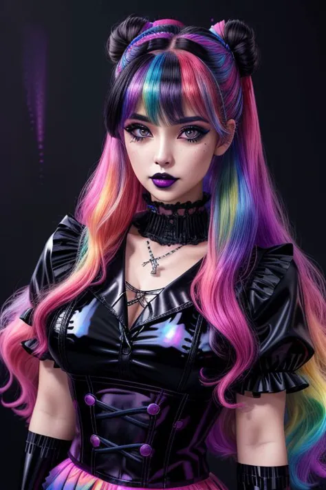 (SailorMoonGoth:1), (pastelgoth rainbow latex theme:1.3), professional detailed (full body:1.2) photo of (SailorMoonGoth) wearin...