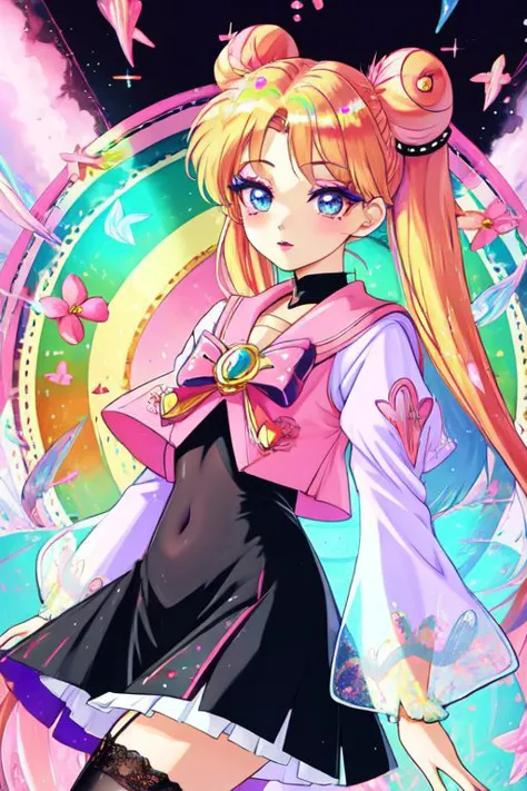 (Earth-QualityPos, Best_QualityPos,  CelShade), (SailorMoonGoth), (cute gyaru, lolitafashion:1.4), (rainbow theme:1.3), (full body) illustration of (gyaru Sailor Moon) wearing (gyaru latex rainbow short tied shirt, micro miniskirt, transparent wide sleeves, navel:1.2), (shiny glossy translucent clothing, gleaming oily fabric :1.1), (perfect face, cute face, symmetric face, blue perfecteyes eyes), rainbow (lipstick, cute makeup:1.4), (frills, lace, bows:1.2), (rainbow tight high socks, cute boots, smiling, sitting in rainbow sofa:1.4), (double meatballs style rainbow hair:1.2), (sparkles, sparkling hair, sparkling clothes, sparkles near eyes),