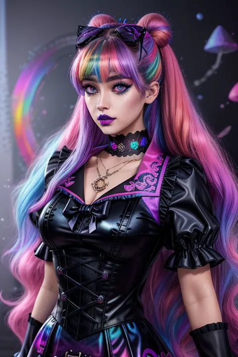 (SailorMoonGoth:1), (pastelgoth rainbow latex theme:1.3), professional detailed (full body:1.2) photo of (SailorMoonGoth) wearin...