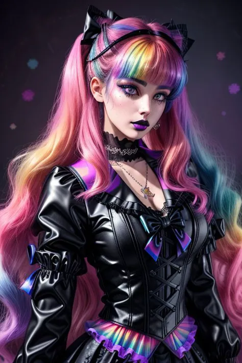 (SailorMoonGoth:1), (pastelgoth rainbow latex theme:1.3), professional detailed (full body:1.2) photo of (SailorMoonGoth) wearing (intricate pastelgoth rainbow latex lolitadress, multilayered skirt:1.2), (shiny glossy translucent clothing, gleaming oily fabric :1.1), (perfect face, beautiful face, symmetric face, blue perfecteyes eyes), pastelgoth rainbow (lipstick, eyeshadow, mascara, goth makeup:1.1), (frills, lace, bows:1.2), (pastelgoth rainbow stockings:1.1), (double meatballs style rainbow hair:1.2),
ultra wide angle shot, cinematic style, 8k, RAW photo, photo-realistic, masterpiece, best quality, absurdres, incredibly absurdres, huge filesize, extremely detailed, High quality texture, Cinematic Lighting, physically-based rendering, Ray tracing,