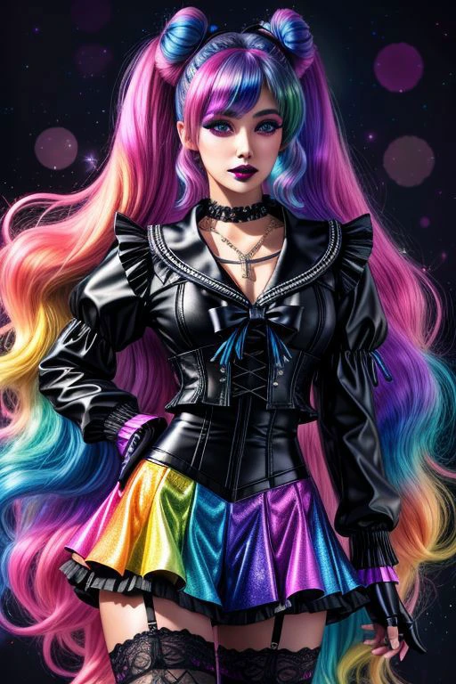 (SailorMoonGoth:1.2), (pastelgoth rainbow latex theme:1.3), professional detailed (full length:1.2) photo of (Sailor Moon) wearing (intricate pastelgoth latex rainbow short corset, short cheerleader miniskirt, navel:1.2), (shiny glossy translucent clothing, gleaming oily fabric :1.1), (perfect face, beautiful face, symmetric face, blue perfecteyes eyes), pastelgoth rainbow (lipstick, eyeshadow, mascara, goth makeup:1.4), (frills, lace, bows:1.2), (pastelgoth rainbow tight high socks, gothic boots:1.2), (double meatballs style rainbow hair:1.2), (sparkles, sparkling hair, sparkling clothes, sparkles near eyes:1.3),
8k, RAW photo, photo-realistic, masterpiece, best quality, absurdres, incredibly absurdres, huge filesize, extremely detailed, High quality texture,physically-based rendering, Ray tracing,