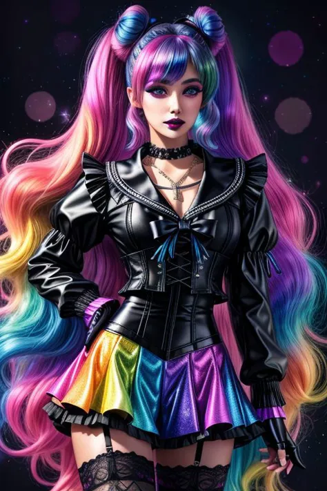 a woman with long hair and a rainbow wig is posing