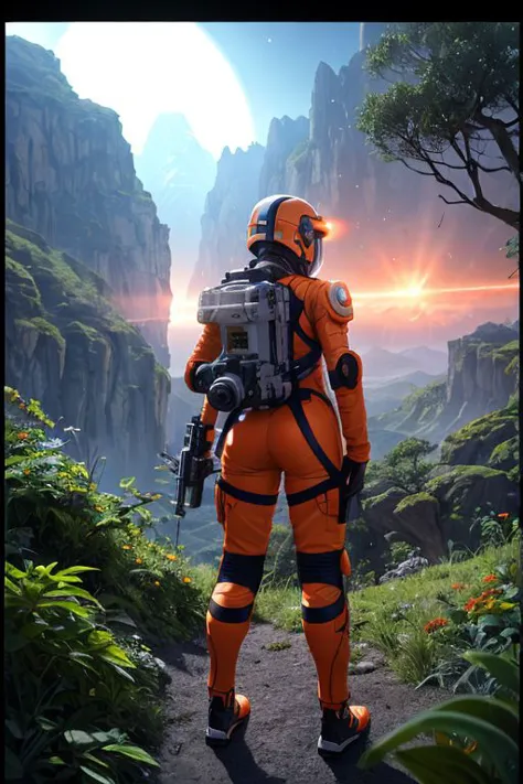 Masterpiece,highest quality,rear angle,Highly detailed photo of a (female space soldier wearing orange and white space suit, hel...