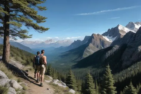 Ölgemälde mit sehr groben Pinselstrichen, Impressionistische Malerei mit geringem Detailreichtum, Sichtbare Pinselstriche, 2 nackte Männer wandern auf einem bewaldeten Berg, mit Blick auf eine dramatische Landschaft, Mann, 2men