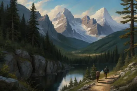 painting of two people riding horses on a trail near a lake