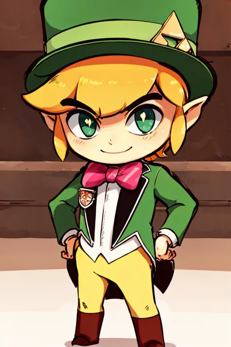 ((masterpiece,best quality)),  Toon_Link_Zelda, black eyes, solo, 1boy, green top hat, bowtie, green formal clothes, solo, smiling, standing, looking at viewer,