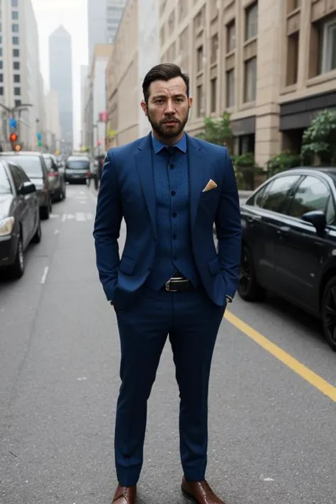 a man in a blue suit standing on a city street