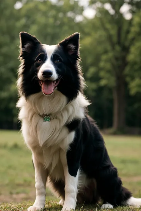 there is a black and white dog sitting in the grass