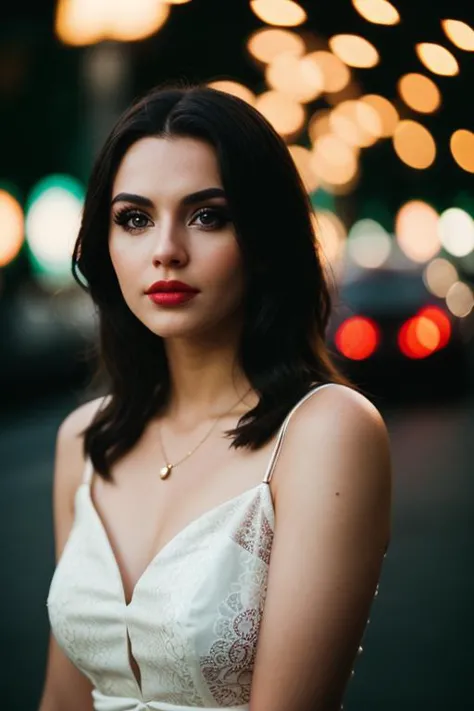 a woman in a white dress standing on a city street