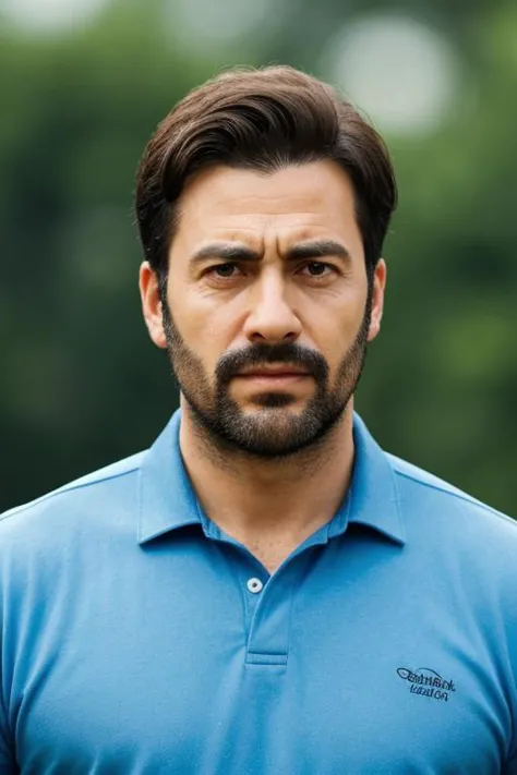 a man with a beard and a blue shirt looks at the camera