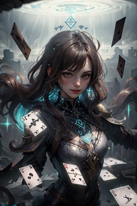 (masterpiece, best quality:1.2),
1 girl, adult  woman, freckles, dark brown eyes, light brown wavy hair,
portrait, solo, half shot, detailed background, detailed face, (<lora:GlowingRunesAIV6:0.8>, GlowingRunesAIV2_paleblue, glowing runes theme:1.1), malicious smirk ,  (card-wizard:1.05), swindler, black magician outfit, dynamic pose, (cards floating in the air:1.15), glowing magical symbols, colorful ribbons in background, updraft, ethereal atmosphere,
<lora:zaunT_zaunV1:0.3>,