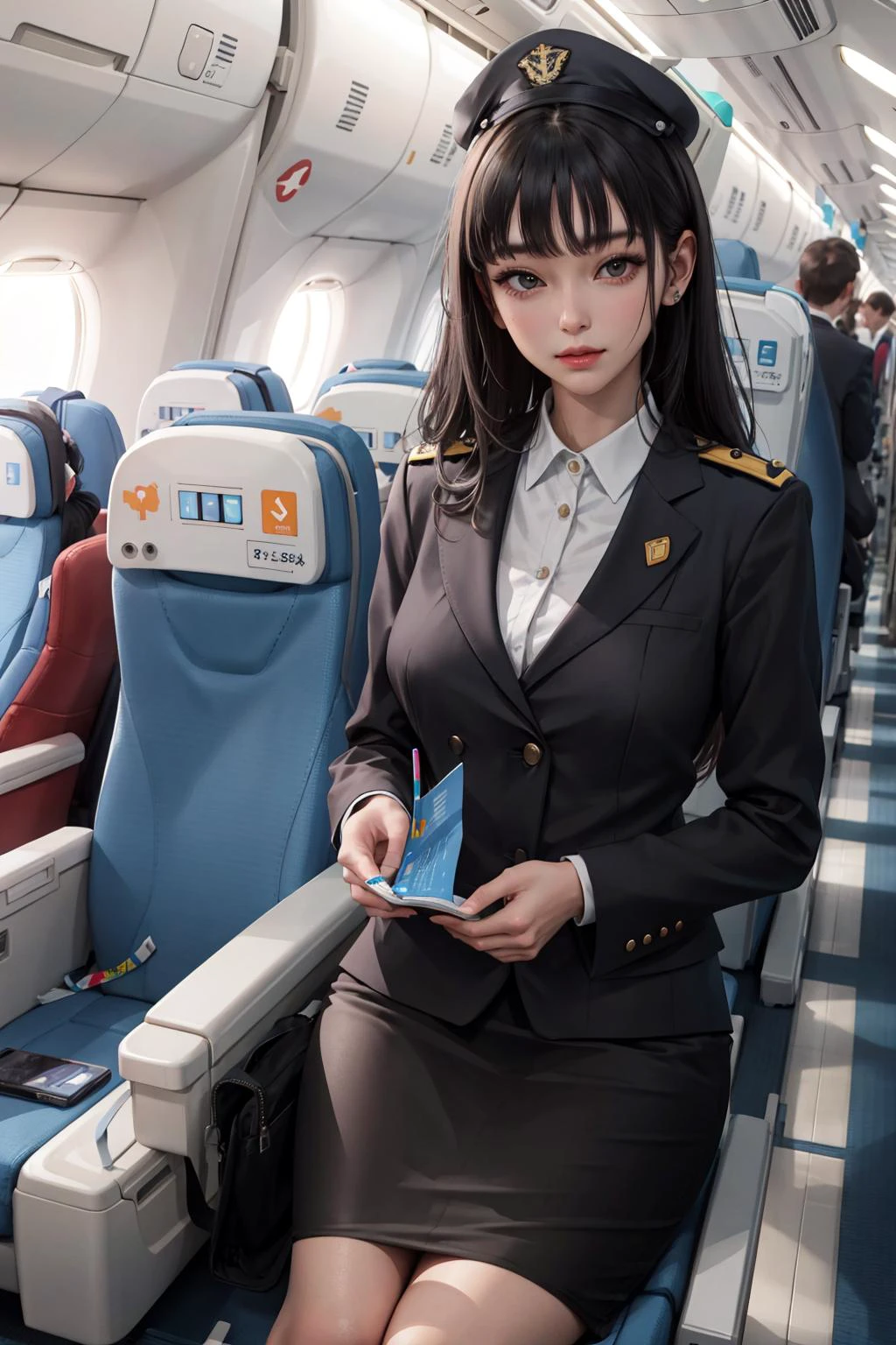 (masterpiece:1.2, best quality), 1lady, solo, Flight attendant, Uniform, Airplane, Serving passengers, Providing safety instructions, Responding to emergencies, bangs, (shiny skin:1.15),