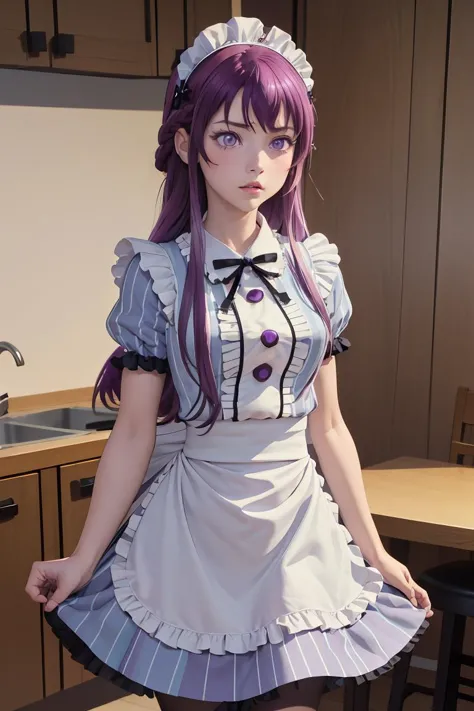 (masterpiece, best quality), 1girl,     <lora:makuzawa_ouka_v1:1> 1girl, solo, long hair, purple hair, braid, maid headdress, purple eyes, neck ribbon, frills, vertical stripes, blue dress, short sleeves, apron, black pantyhose