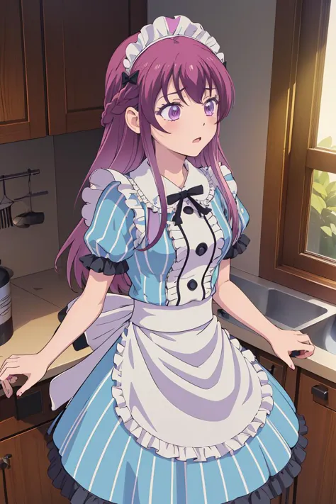 (masterpiece, best quality), 1girl,     <lora:makuzawa_ouka_v1:1> 1girl, solo, long hair, purple hair, braid, maid headdress, purple eyes, neck ribbon, frills, vertical stripes, blue dress, short sleeves, apron, black pantyhose