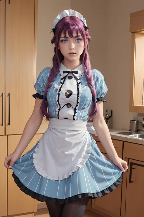 a close up of a woman in a maid outfit posing for a picture