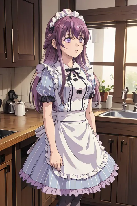 (masterpiece, best quality), 1girl,     <lora:makuzawa_ouka_v1:1> 1girl, solo, long hair, purple hair, braid, maid headdress, purple eyes, neck ribbon, frills, vertical stripes, blue dress, short sleeves, apron, black pantyhose