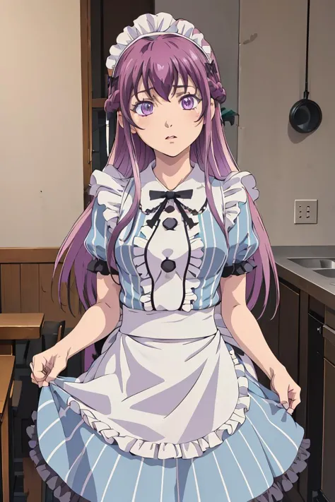 anime character dressed in maid outfit standing in kitchen with sink