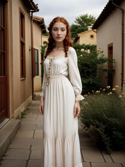 a woman in a white dress standing on a sidewalk