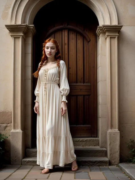 a close up of a woman in a long dress standing in front of a door