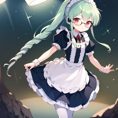 anime girl with long hair and glasses in a dress and a hat