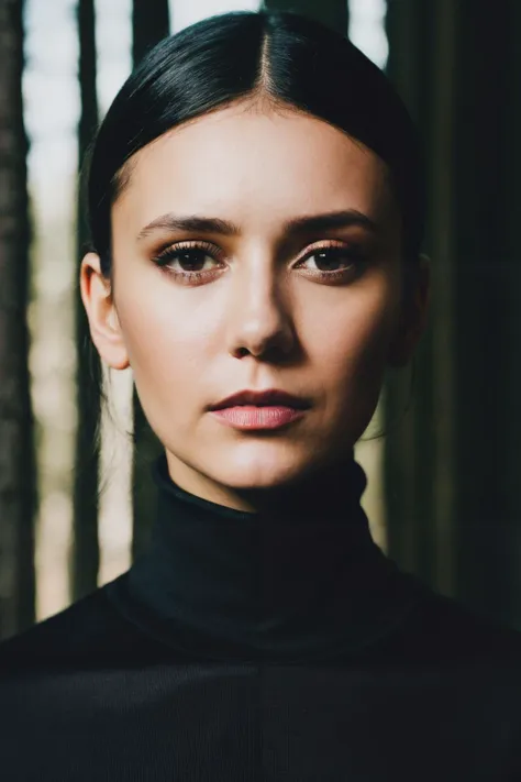 a woman with a black turtle neck top and black hair