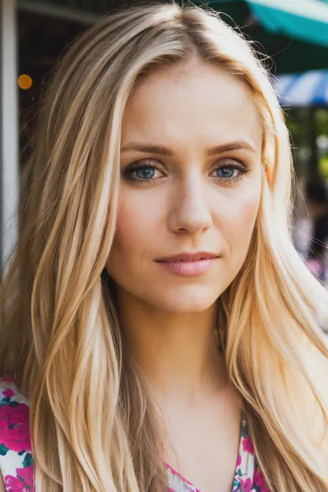 a close up of a woman with long blonde hair and blue eyes