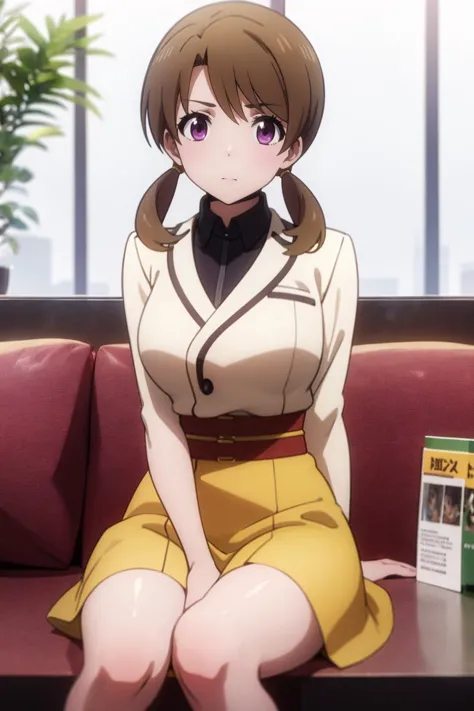 anime girl sitting on a couch with a magazine in front of her