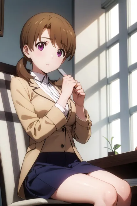 anime girl sitting at a desk with a pen in her hand