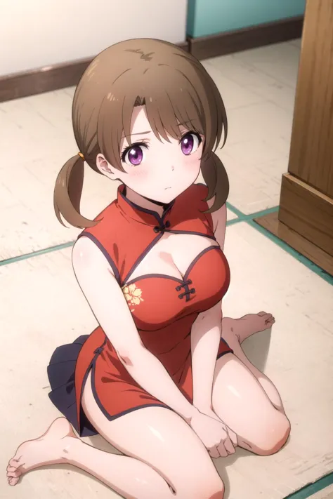 anime girl in red dress sitting on the floor with her legs crossed