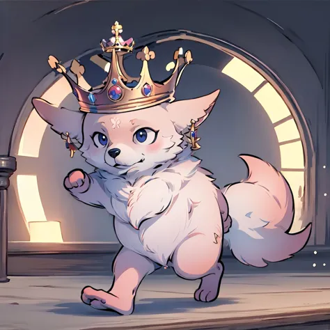 cartoon cat with a crown on its head running in a room