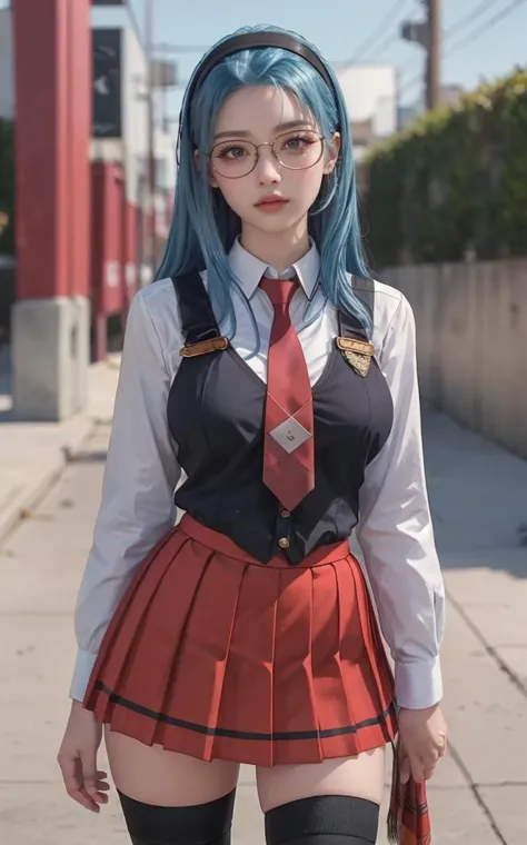 arafed woman in a school uniform and glasses walking down a sidewalk