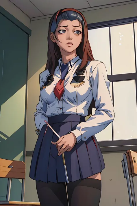 anime girl in uniform standing in front of a window with a cane