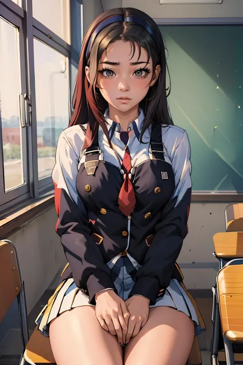 anime girl sitting on a bench in a school uniform