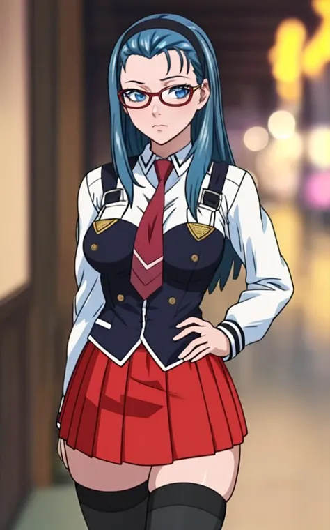 anime girl in uniform and glasses standing in a hallway