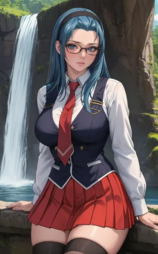 Uniforme escolar_JunkoMochida_própriowaifu, 
1 garota, cabelo azul, cabelo longo, copos, elástico de cabelo, seios grandes, olhos azuis, 
uniforme escolar, gravata vermelha, vest, saia vermelha, Saia plissada, zetai ryouiki, coxas, pernas, 
((obra de arte)),((melhor qualidade)),(alta resolução), Bokeh, Profundidade_de_campo, dia, sombra de árvore, luz solar, cenário, pedra, cachoeira, Olhando para o visualizador, Sozinho, tiro de vaqueiro,