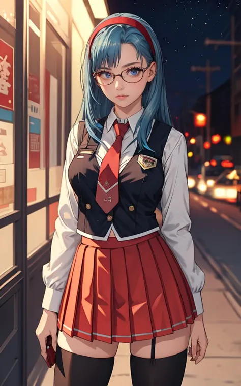 anime girl with blue hair and glasses standing on a sidewalk