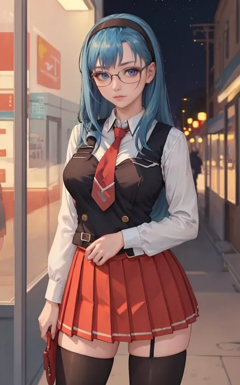 anime girl with blue hair and glasses in a school uniform