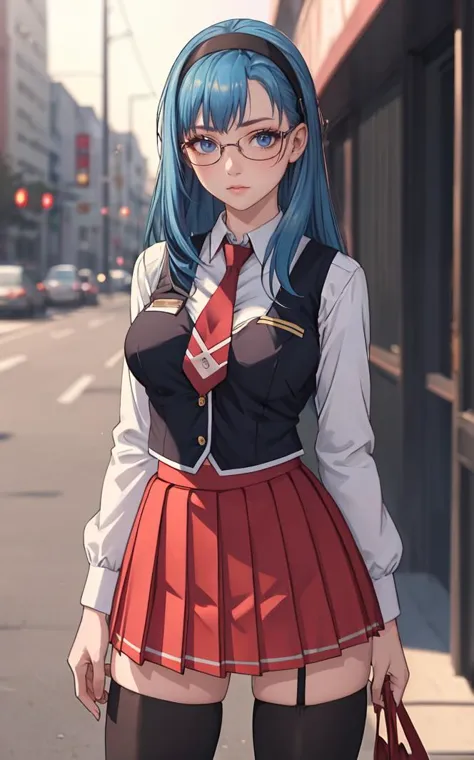 anime girl with blue hair and glasses in a school uniform