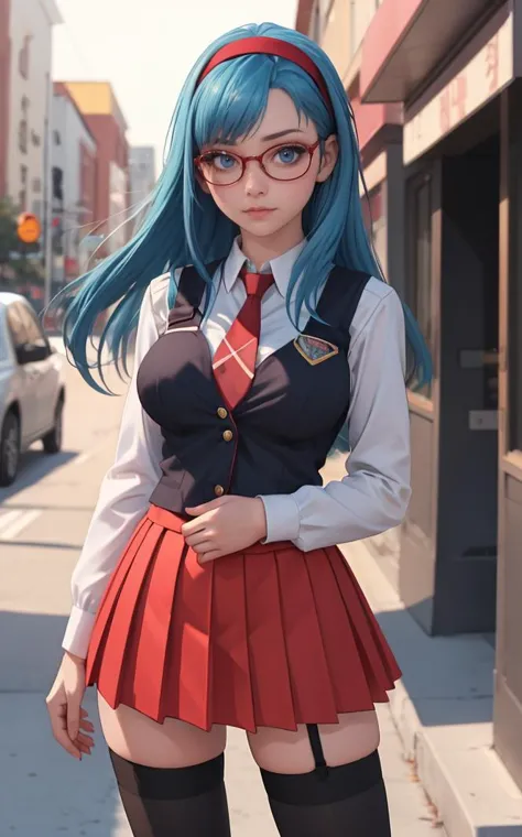 SchoolUniform_JunkoMochida_ownwaifu, day,
1girl, blue hair, long hair, glasses, hairband, large breasts, blue eyes, 
school uniform, red necktie, vest, red skirt, pleated skirt, zettai ryouiki, thighhighs, legs, 
<lora:FAP_BibleBlack_JunkoMochida_ownwaifu:0.7> ,
((masterpiece)),((best quality)),(highres), bokeh, depth_of_field, spotlight, scenery, looking at viewer, solo, contrapposto, cowboy shot,