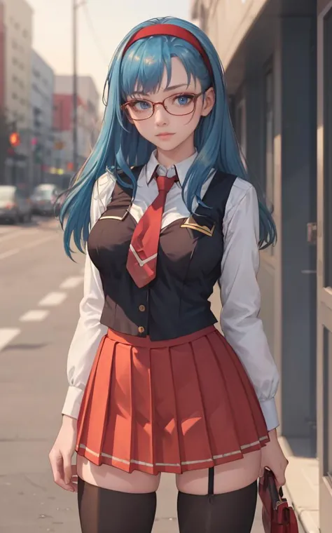 anime girl with blue hair and glasses in a school uniform