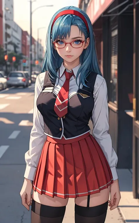 anime girl with blue hair and glasses in a red skirt